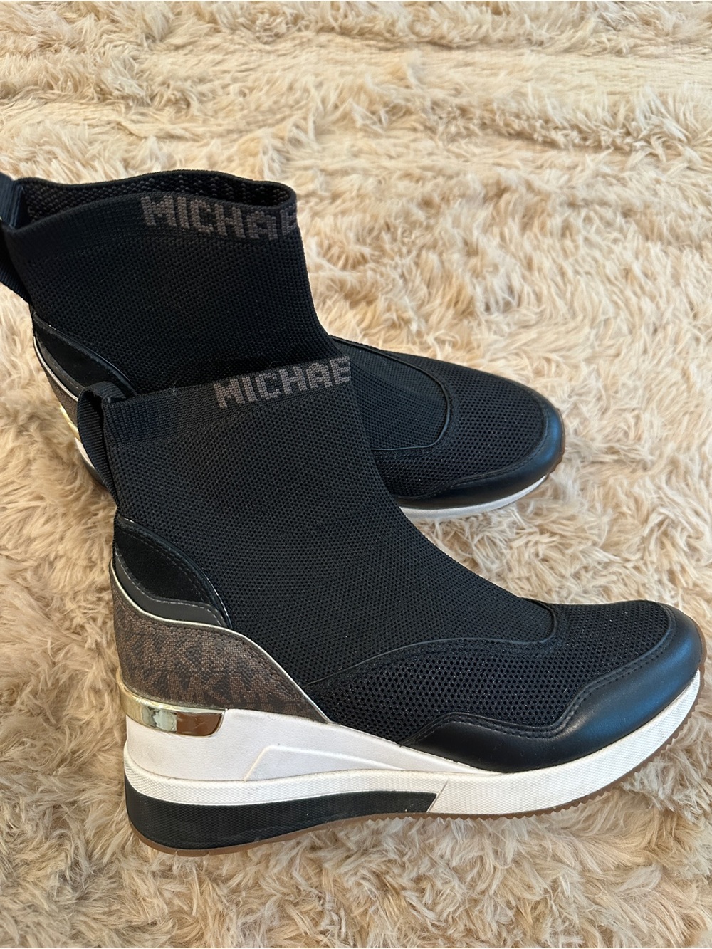 Michael Kors Black Knit Logo Wedge Sneakers